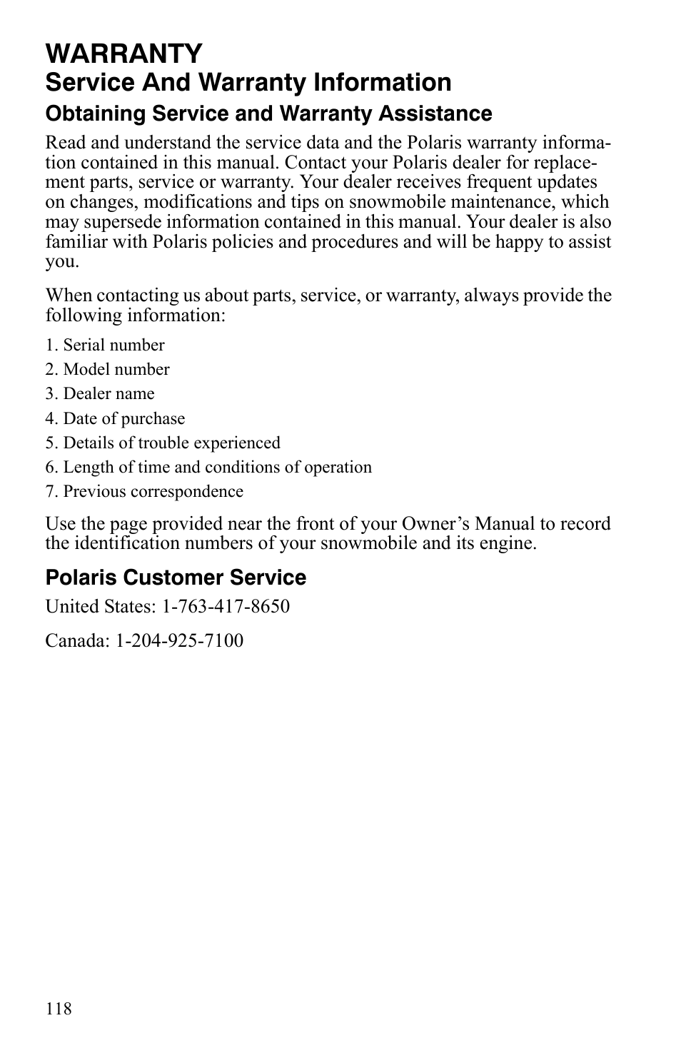 Warranty, Service and warranty information | Polaris Trail RMK User Manual | Page 121 / 134