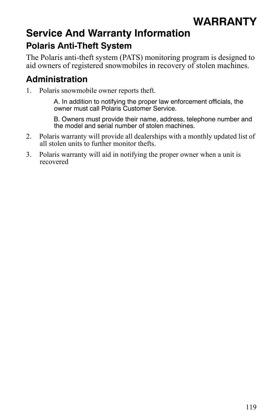 Warranty, Service and warranty information, Polaris anti-theft system | Administration | Polaris Trail RMK User Manual | Page 122 / 134