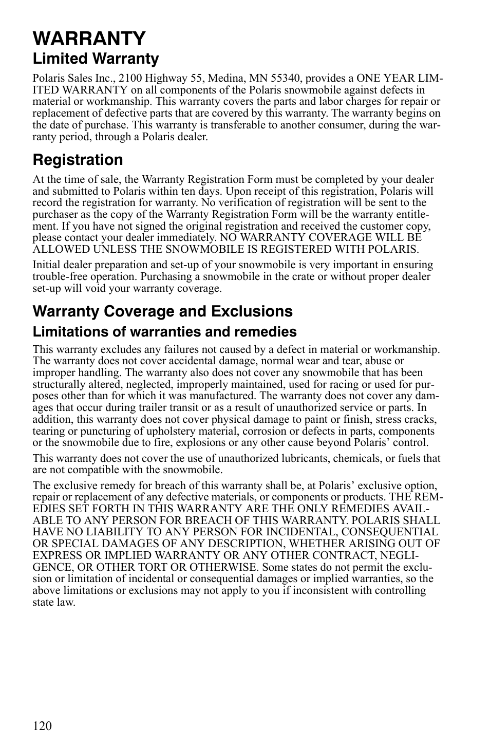 Warranty, Limited warranty, Registration | Warranty coverage and exclusions, Limitations of warranties and remedies | Polaris Trail RMK User Manual | Page 123 / 134