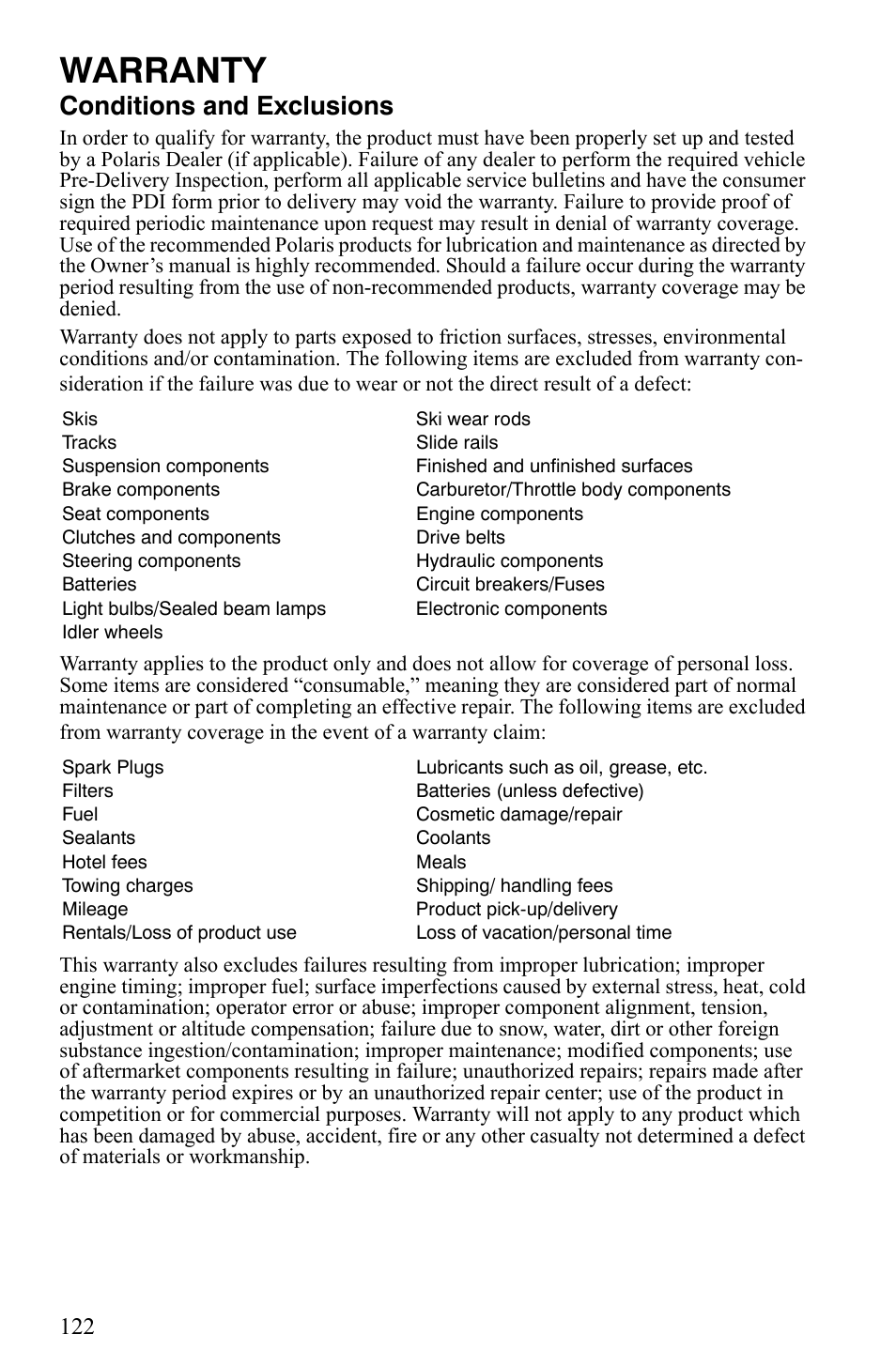 Warranty, Conditions and exclusions | Polaris Trail RMK User Manual | Page 125 / 134