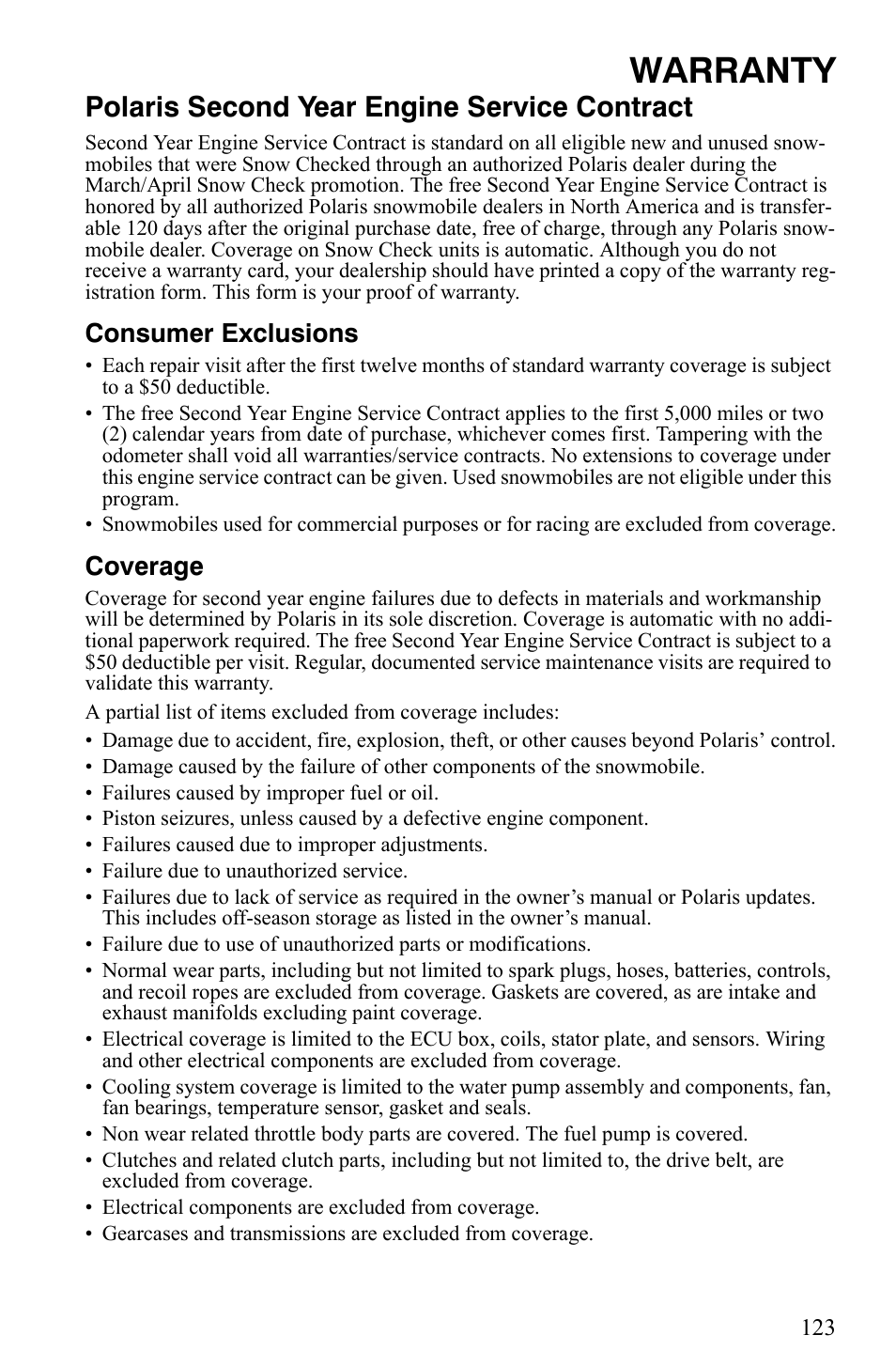 Warranty, Polaris second year engine service contract, Consumer exclusions | Coverage | Polaris Trail RMK User Manual | Page 126 / 134