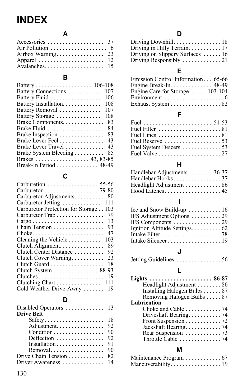 Index | Polaris Trail RMK User Manual | Page 133 / 134