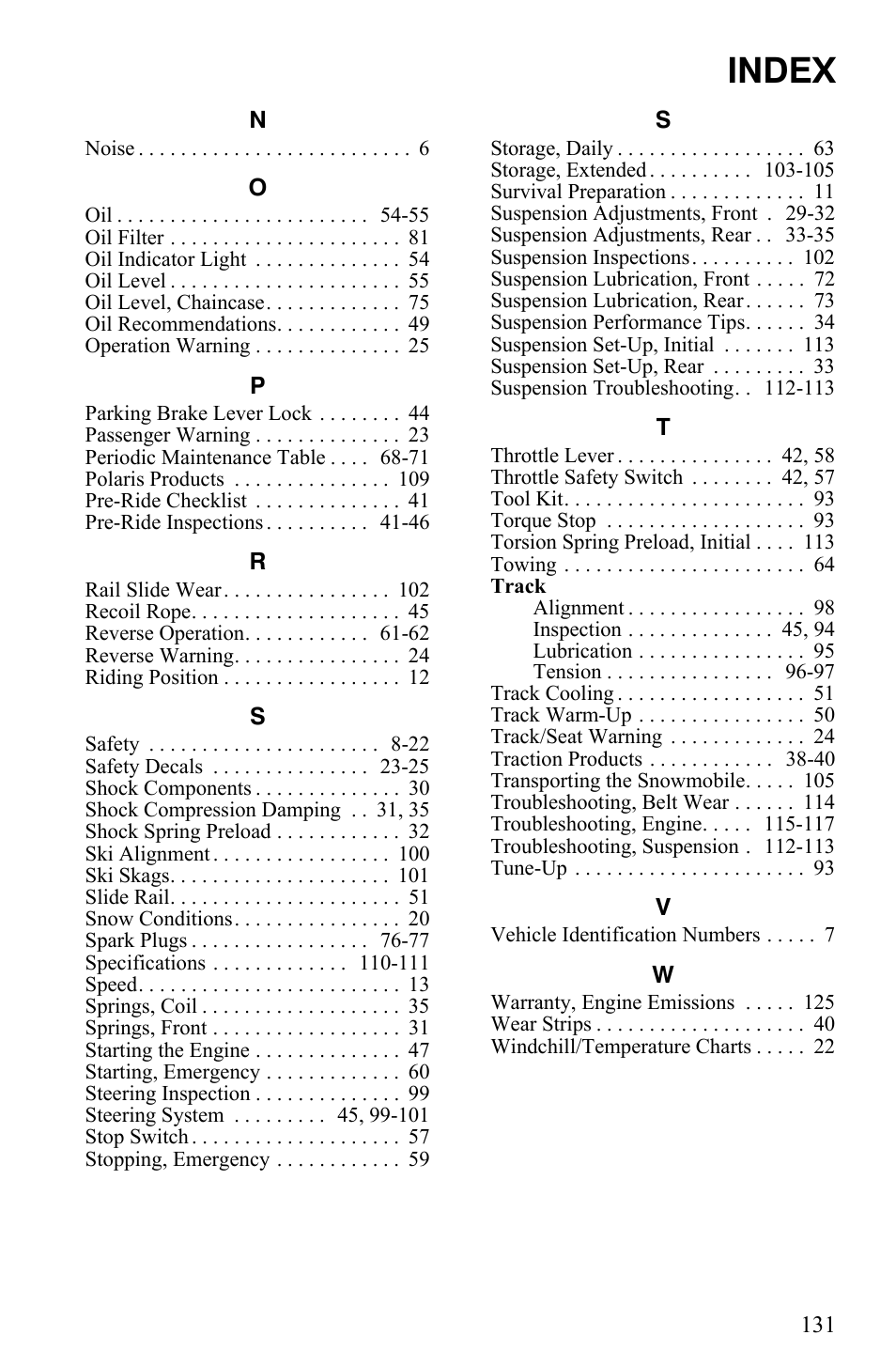 Index | Polaris Trail RMK User Manual | Page 134 / 134