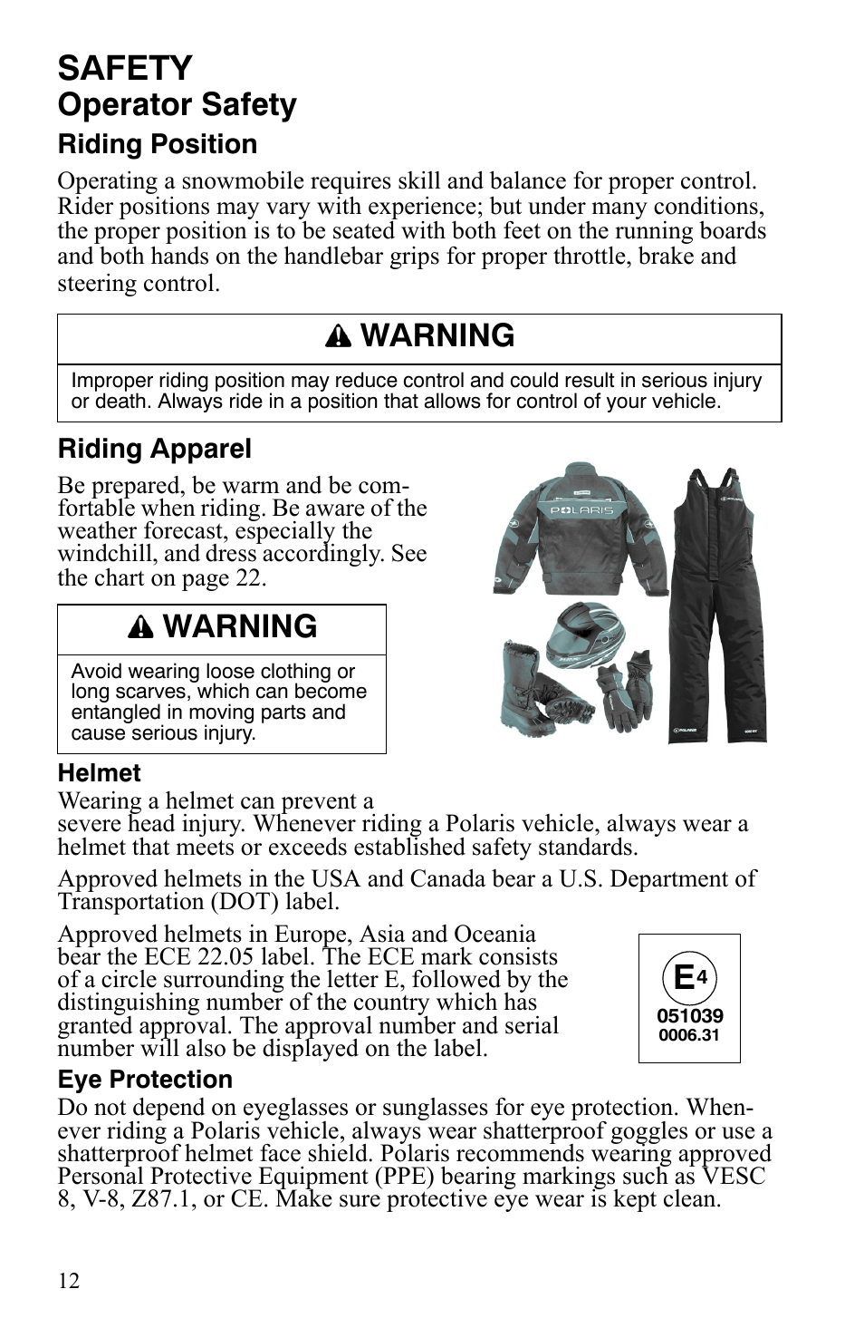 Safety, Operator safety, Warning | Polaris Trail RMK User Manual | Page 15 / 134