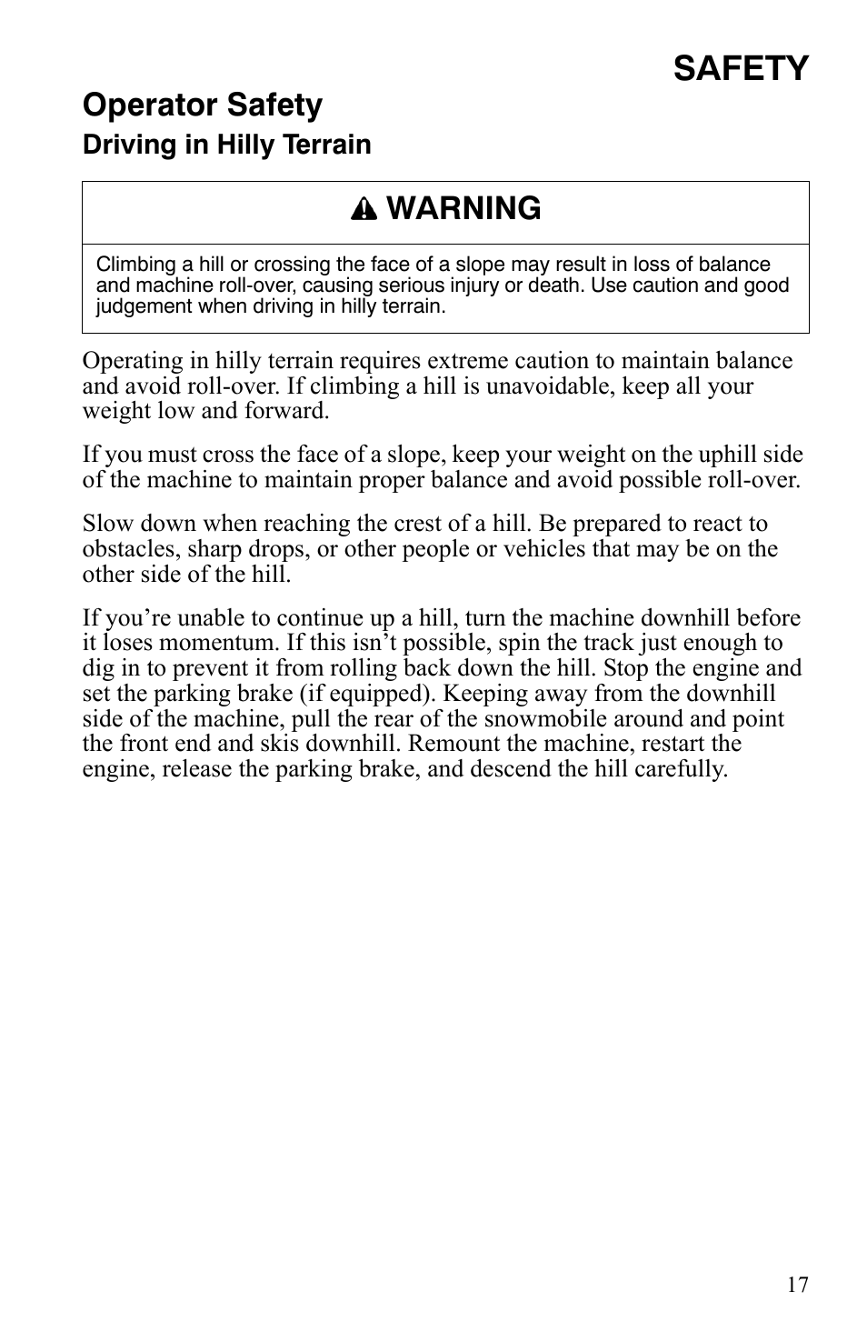 Safety, Operator safety, Warning | Polaris Trail RMK User Manual | Page 20 / 134