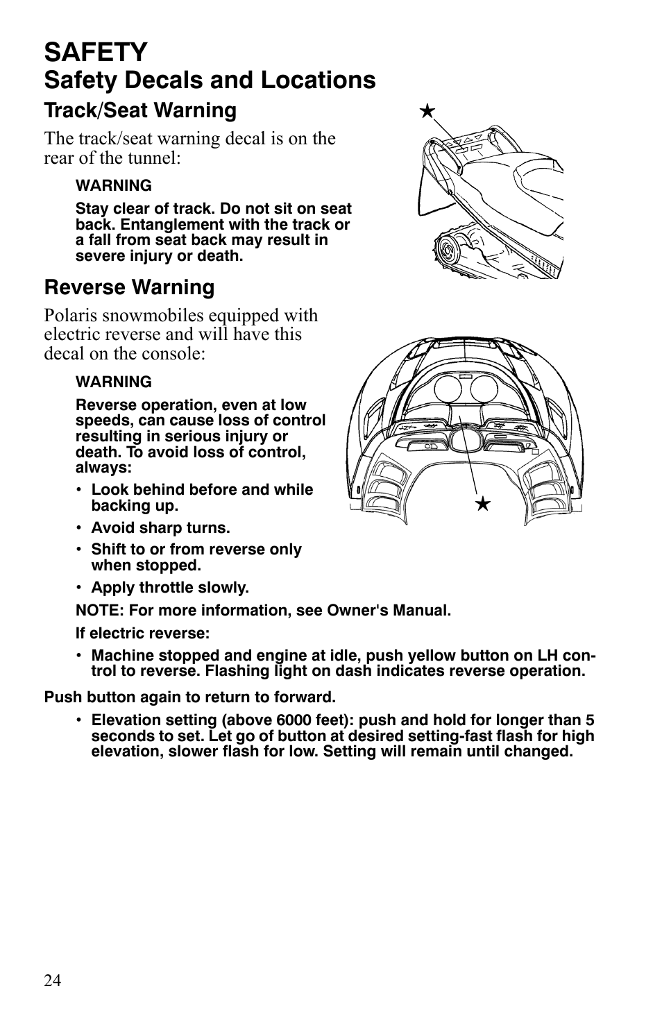 Safety, Safety decals and locations, Track/seat warning | Reverse warning | Polaris Trail RMK User Manual | Page 27 / 134