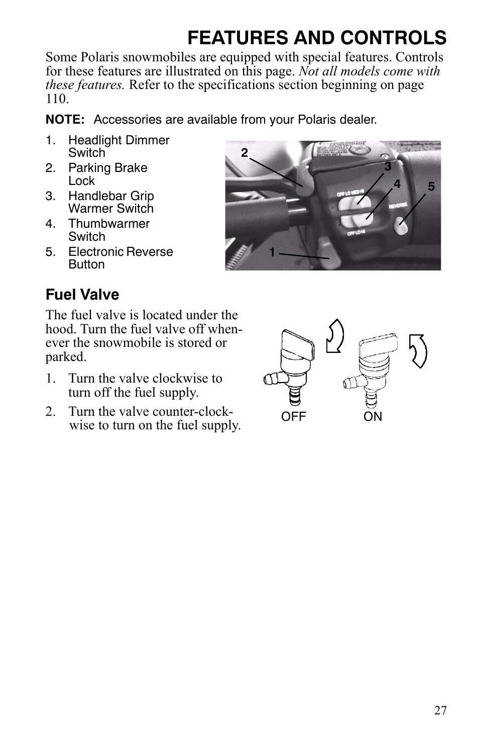 Features and controls, Fuel valve | Polaris Trail RMK User Manual | Page 30 / 134