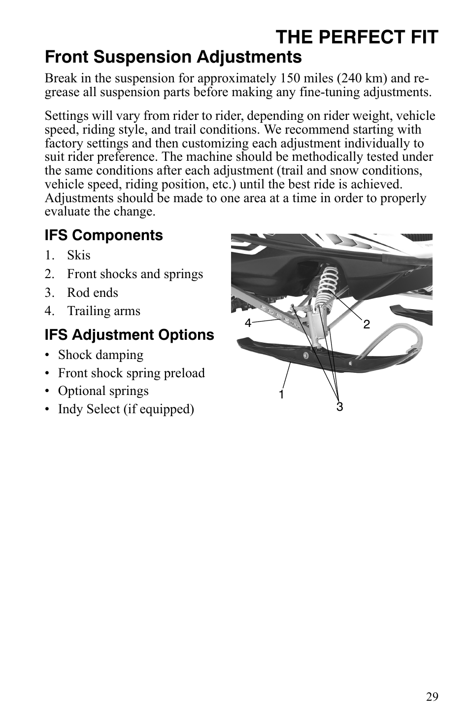 The perfect fit, Front suspension adjustments | Polaris Trail RMK User Manual | Page 32 / 134