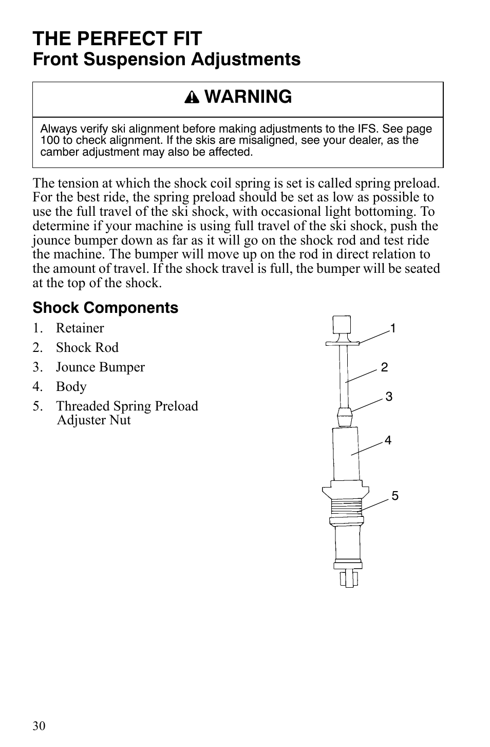 The perfect fit, Front suspension adjustments, Warning | Polaris Trail RMK User Manual | Page 33 / 134