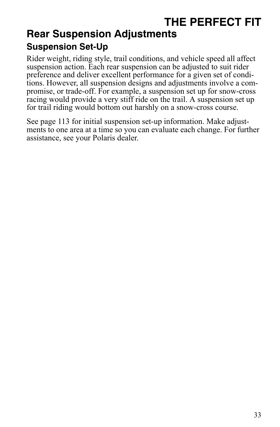 The perfect fit, Rear suspension adjustments | Polaris Trail RMK User Manual | Page 36 / 134