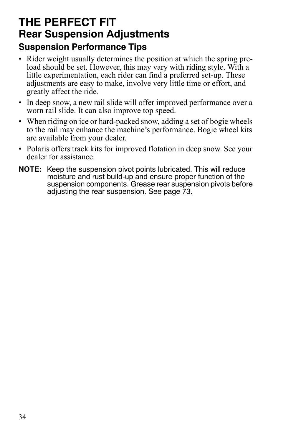 The perfect fit, Rear suspension adjustments | Polaris Trail RMK User Manual | Page 37 / 134