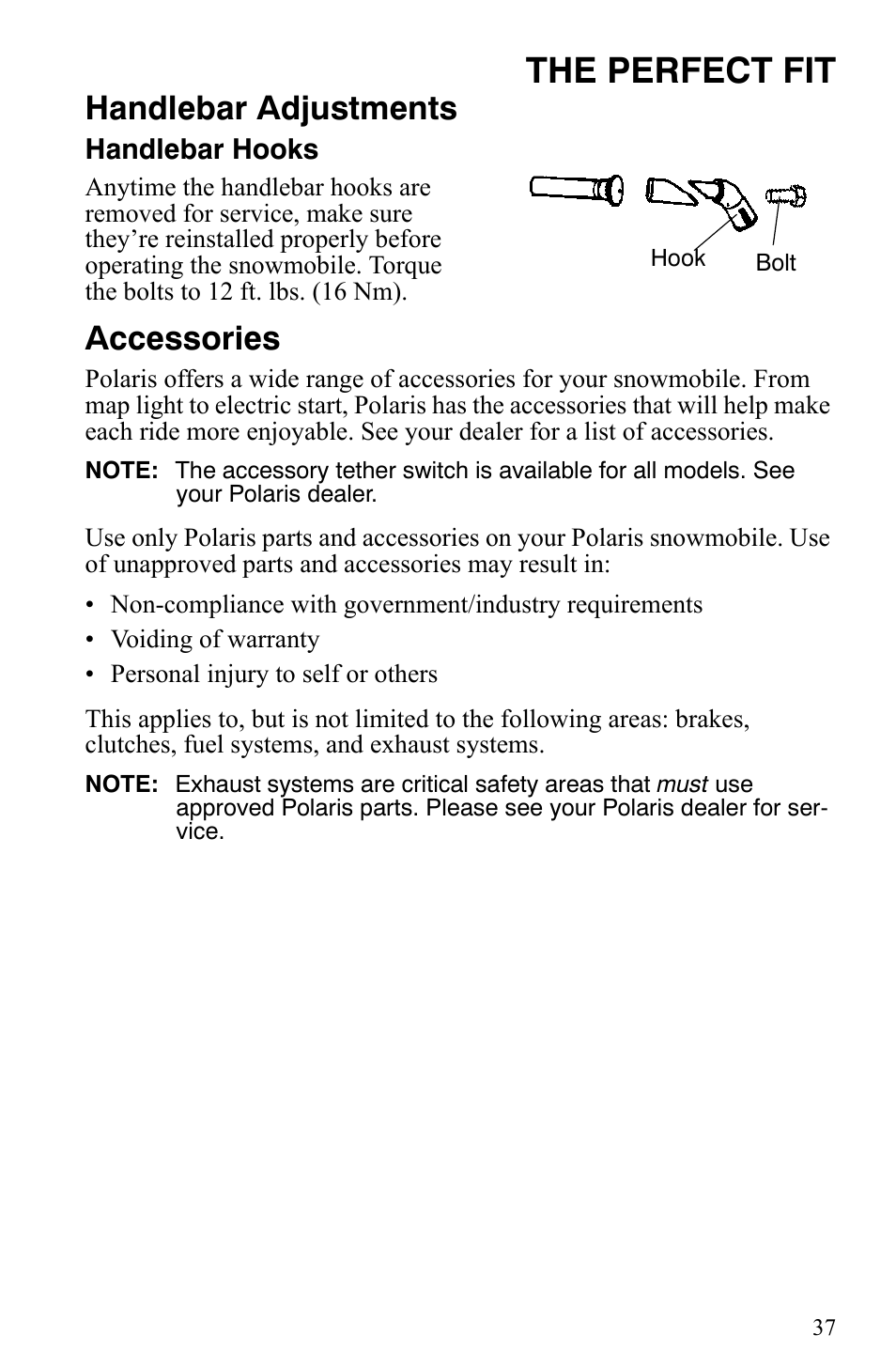 The perfect fit, Handlebar adjustments, Accessories | Polaris Trail RMK User Manual | Page 40 / 134