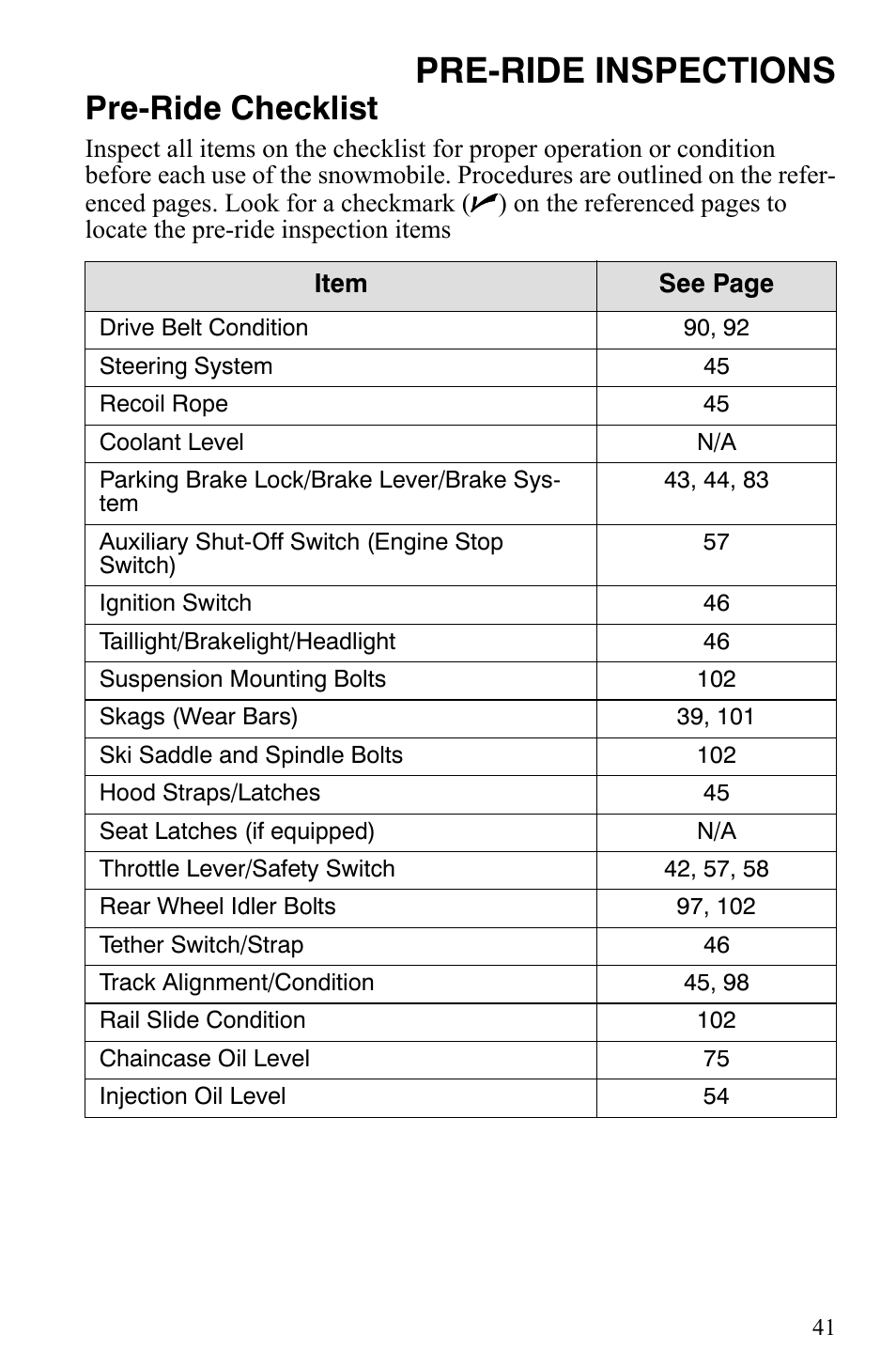 Pre-ride inspections, Pre-ride checklist | Polaris Trail RMK User Manual | Page 44 / 134