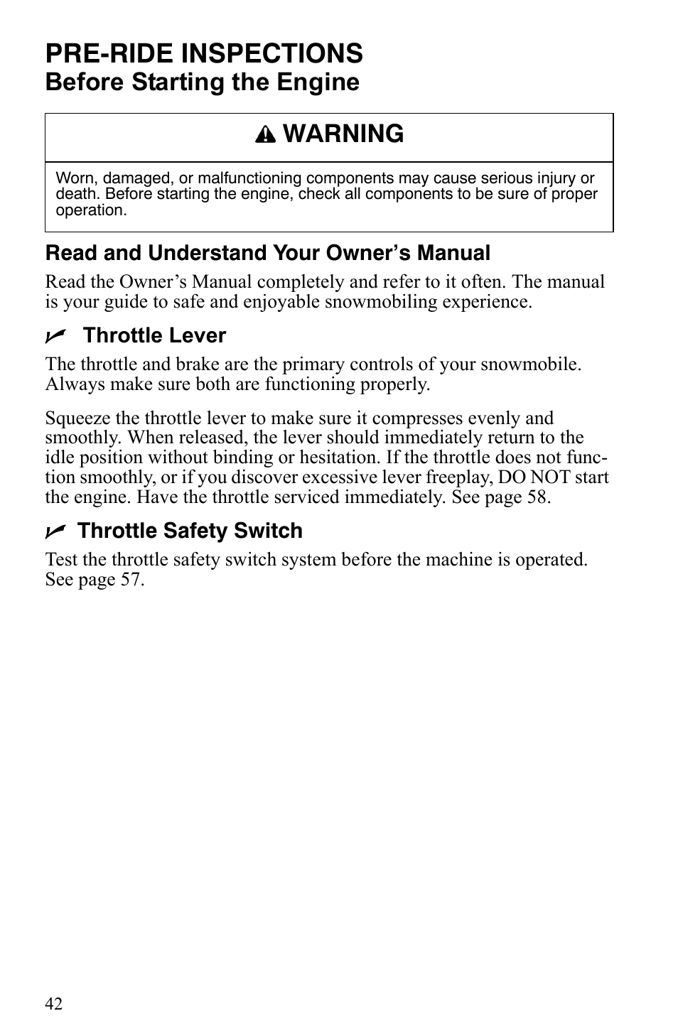 Pre-ride inspections, Before starting the engine, Warning | Polaris Trail RMK User Manual | Page 45 / 134