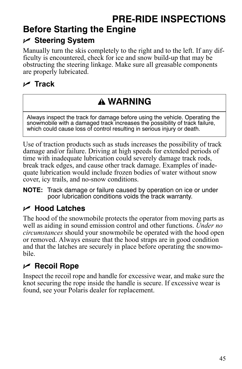 Pre-ride inspections, Before starting the engine, Warning | Polaris Trail RMK User Manual | Page 48 / 134