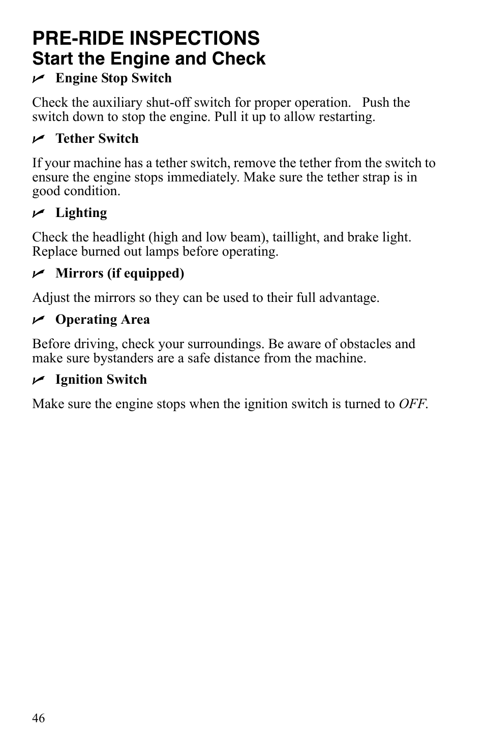 Pre-ride inspections, Start the engine and check | Polaris Trail RMK User Manual | Page 49 / 134