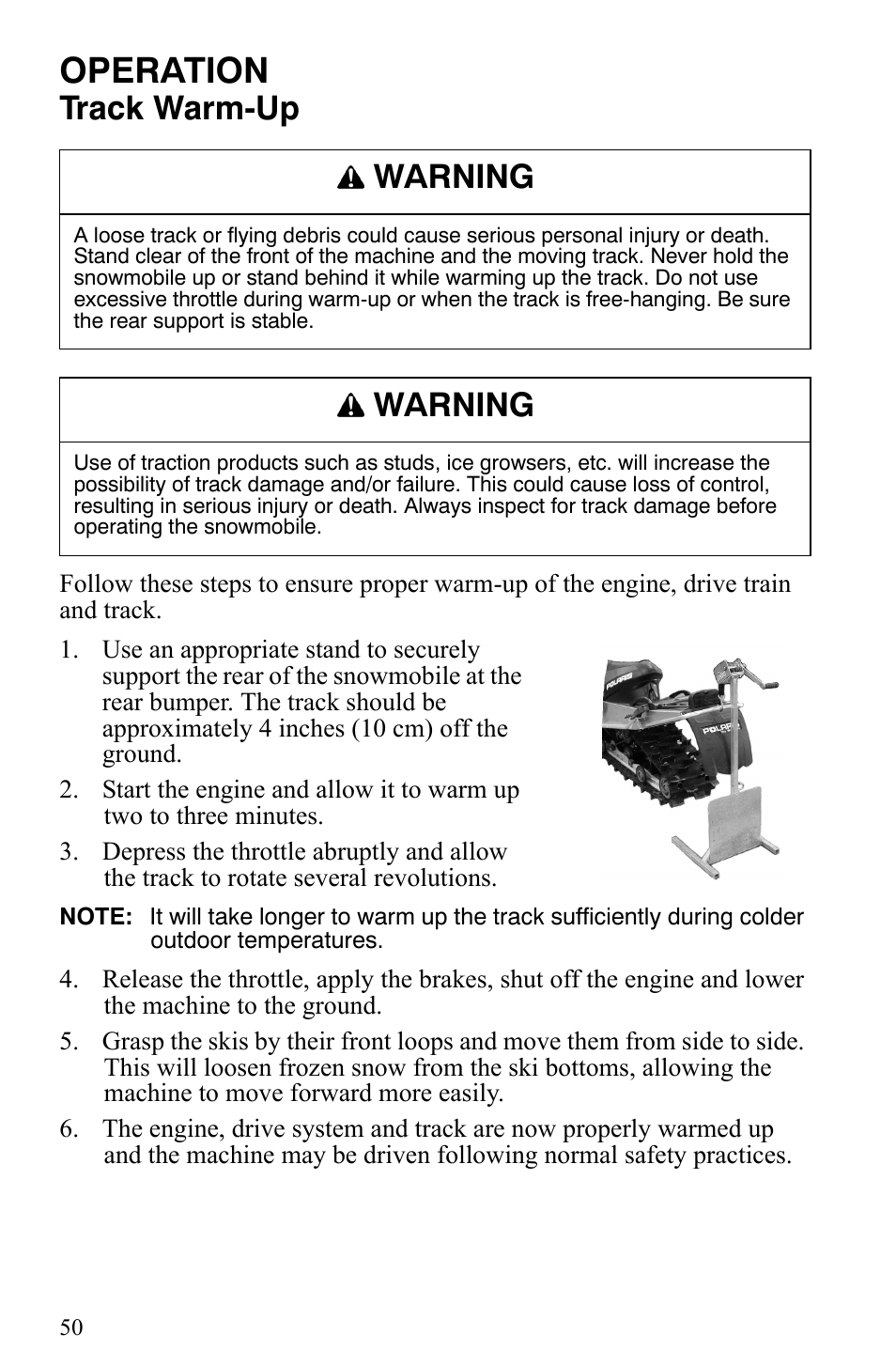 Operation, Track warm-up, Warning | Polaris Trail RMK User Manual | Page 53 / 134