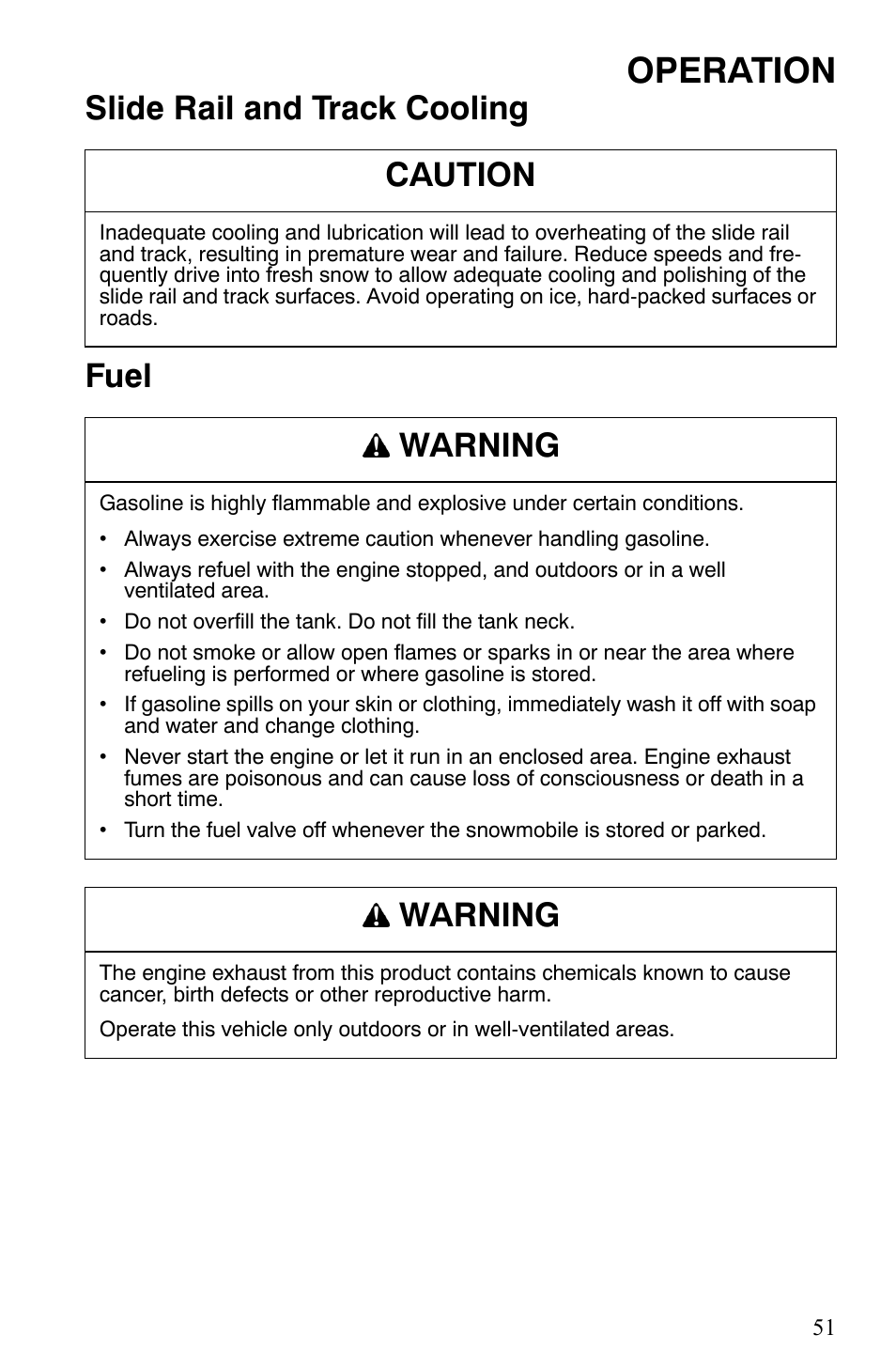 Operation, Slide rail and track cooling fuel caution, Warning | Polaris Trail RMK User Manual | Page 54 / 134