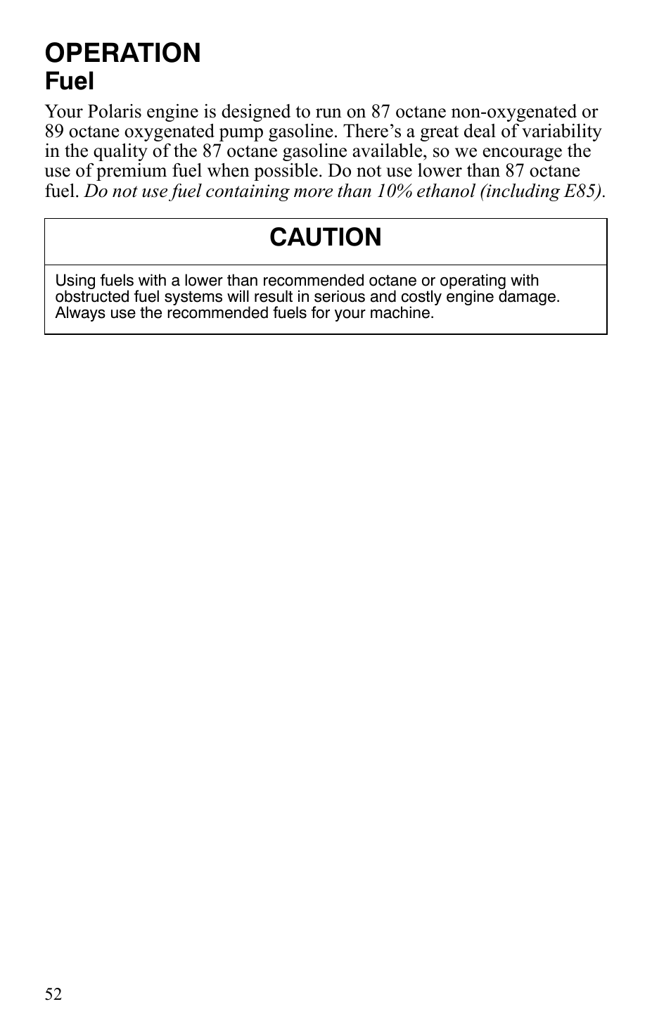 Operation, Fuel, Caution | Polaris Trail RMK User Manual | Page 55 / 134