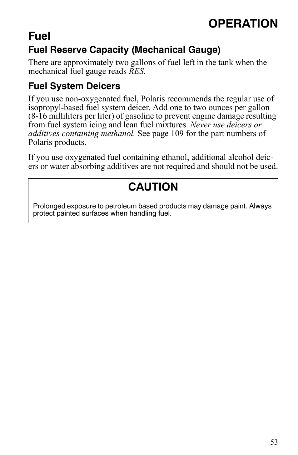 Operation, Fuel, Caution | Polaris Trail RMK User Manual | Page 56 / 134