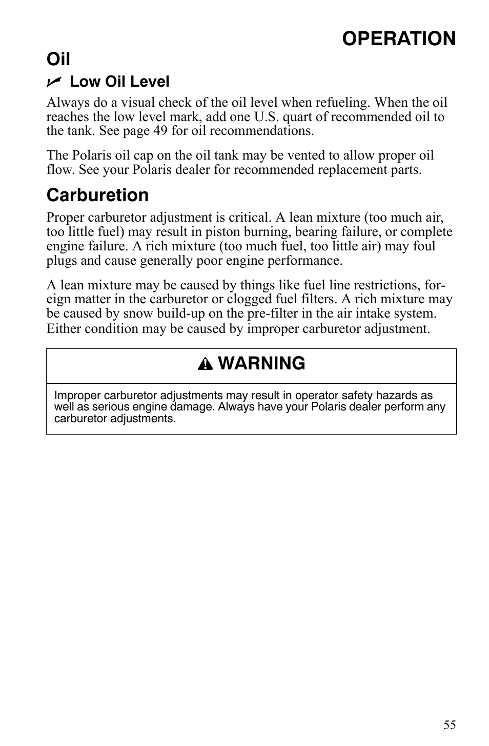 Operation, Carburetion, Warning | Polaris Trail RMK User Manual | Page 58 / 134