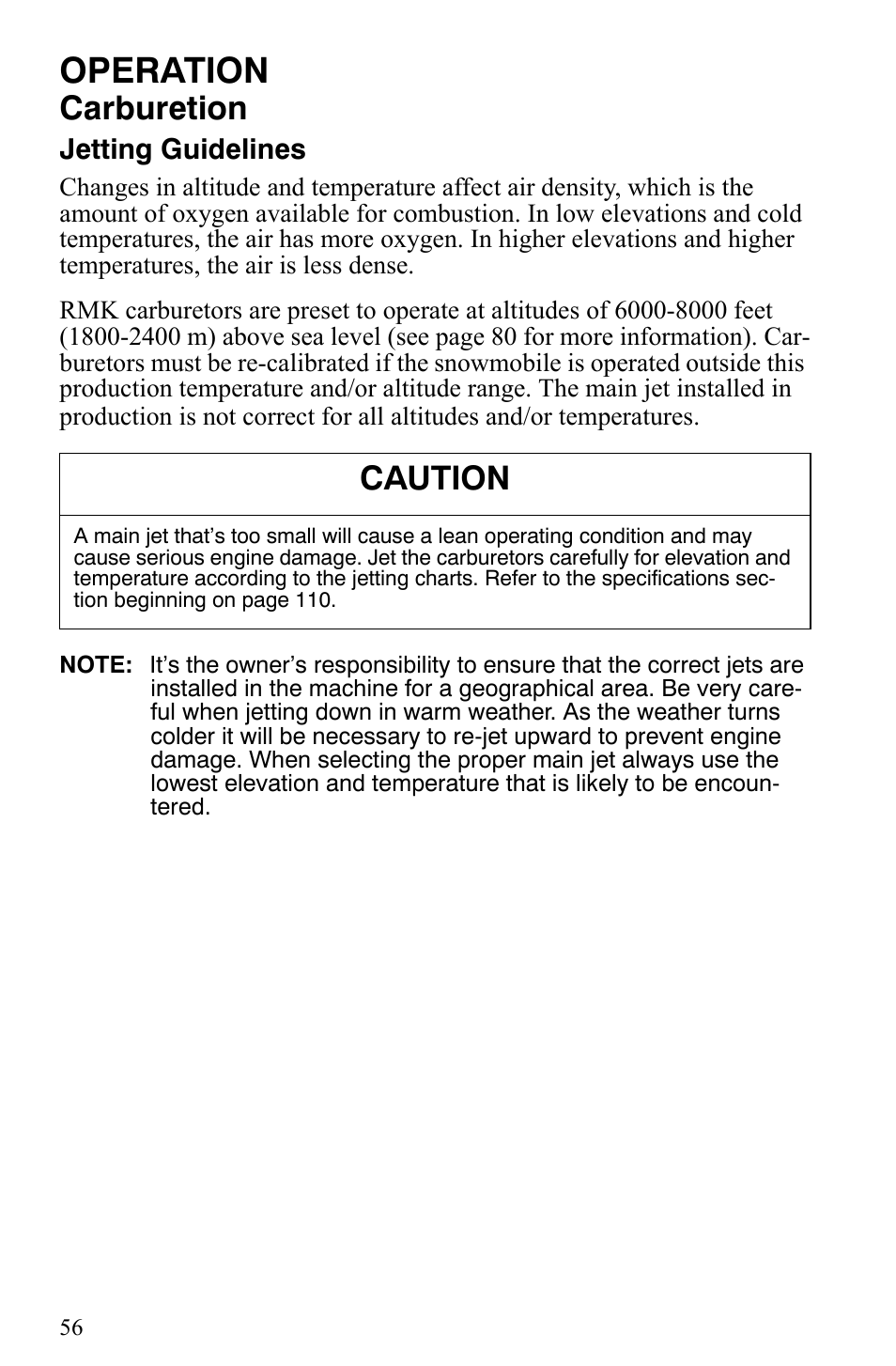 Operation, Carburetion, Caution | Polaris Trail RMK User Manual | Page 59 / 134