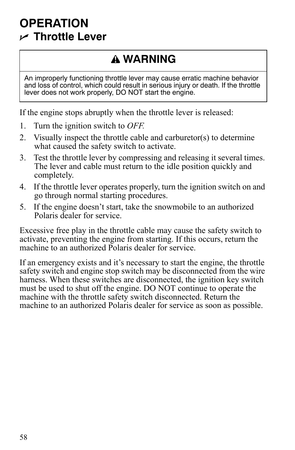 Operation, Throttle lever, Warning | Polaris Trail RMK User Manual | Page 61 / 134