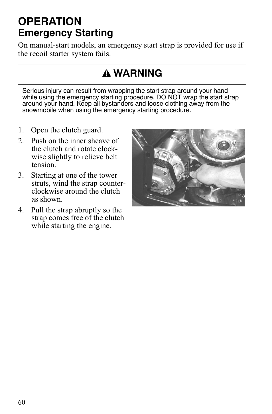 Operation, Emergency starting, Warning | Polaris Trail RMK User Manual | Page 63 / 134