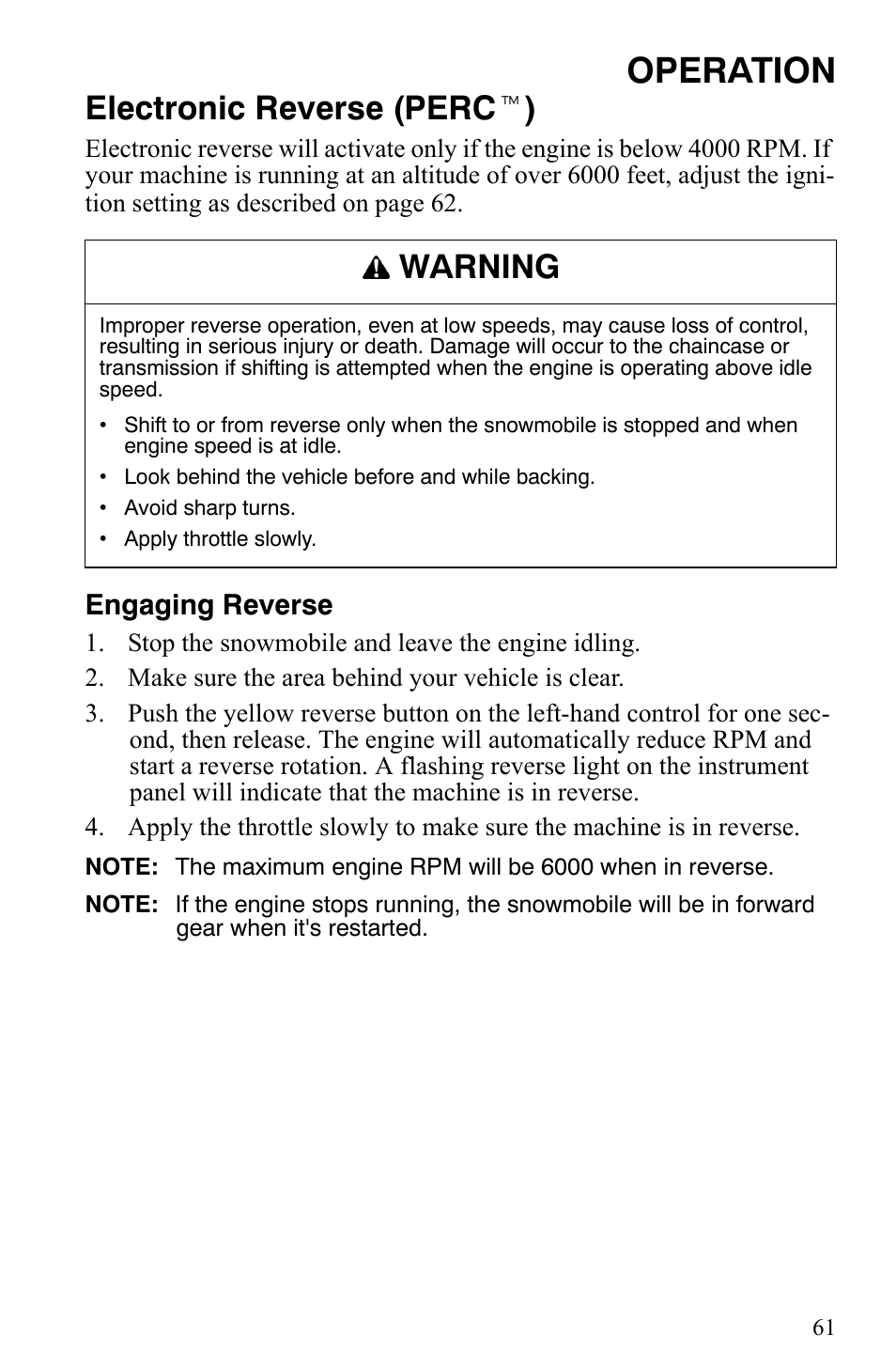 Operation, Electronic reverse (perc t ), Warning | Polaris Trail RMK User Manual | Page 64 / 134