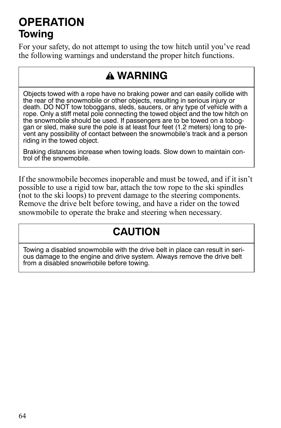 Operation, Towing, Warning | Caution | Polaris Trail RMK User Manual | Page 67 / 134