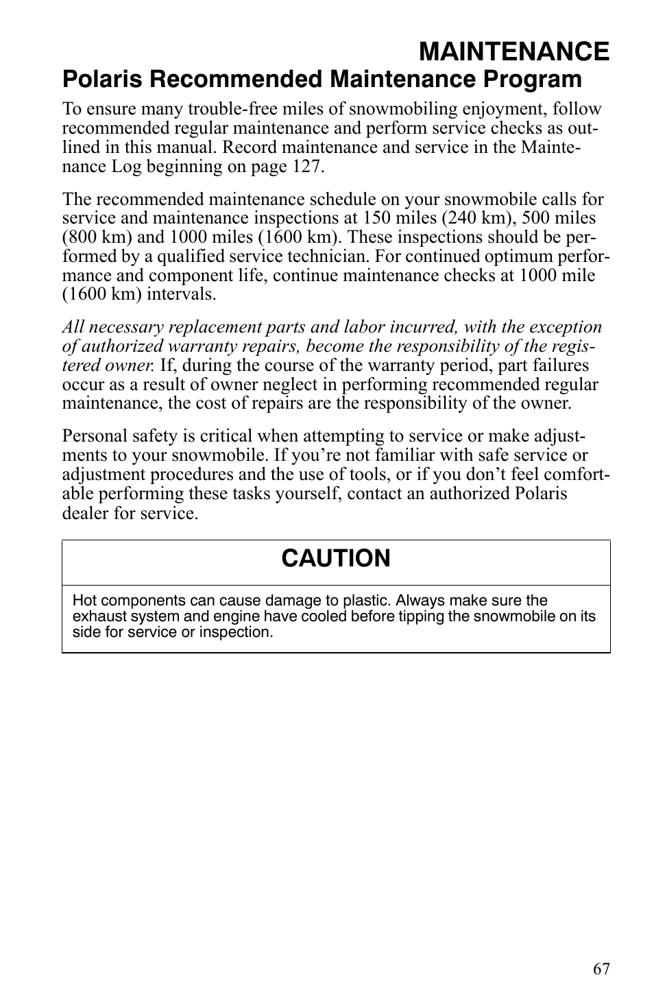 Maintenance, Polaris recommended maintenance program, Caution | Polaris Trail RMK User Manual | Page 70 / 134