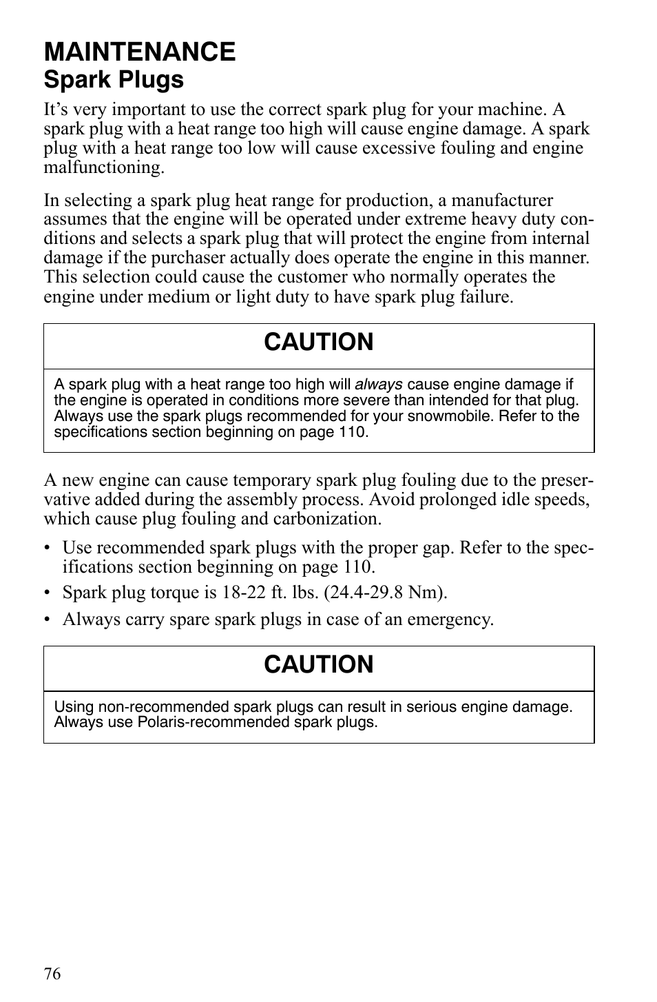 Maintenance, Spark plugs, Caution | Polaris Trail RMK User Manual | Page 79 / 134