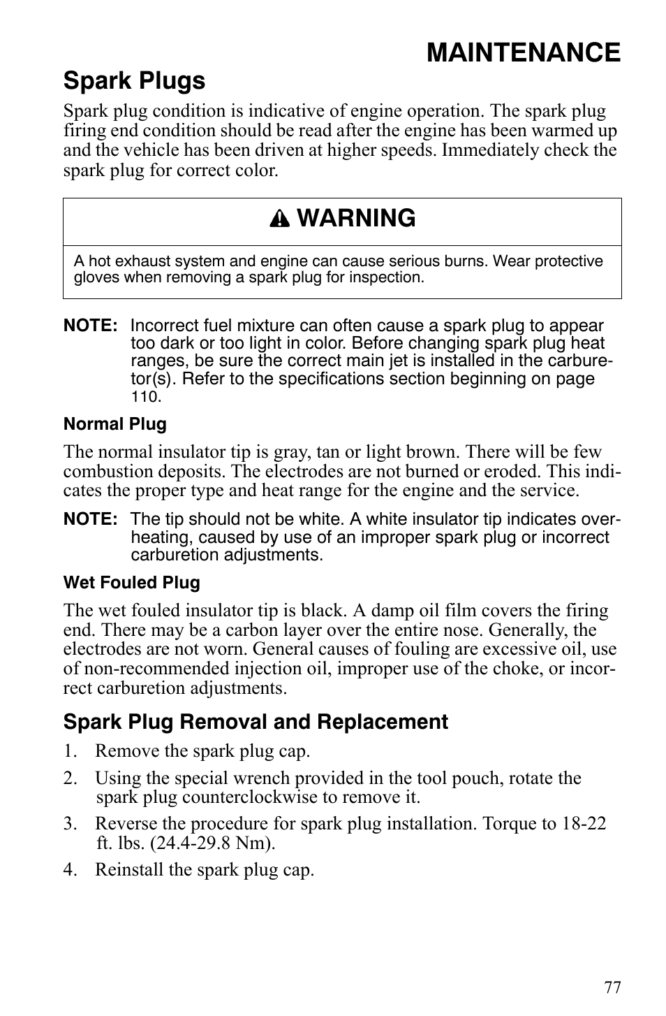 Maintenance, Spark plugs, Warning | Polaris Trail RMK User Manual | Page 80 / 134