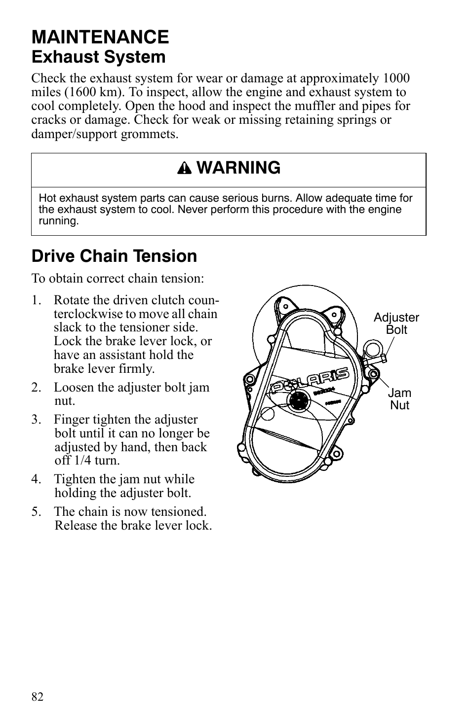 Maintenance, Exhaust system, Drive chain tension | Warning | Polaris Trail RMK User Manual | Page 85 / 134