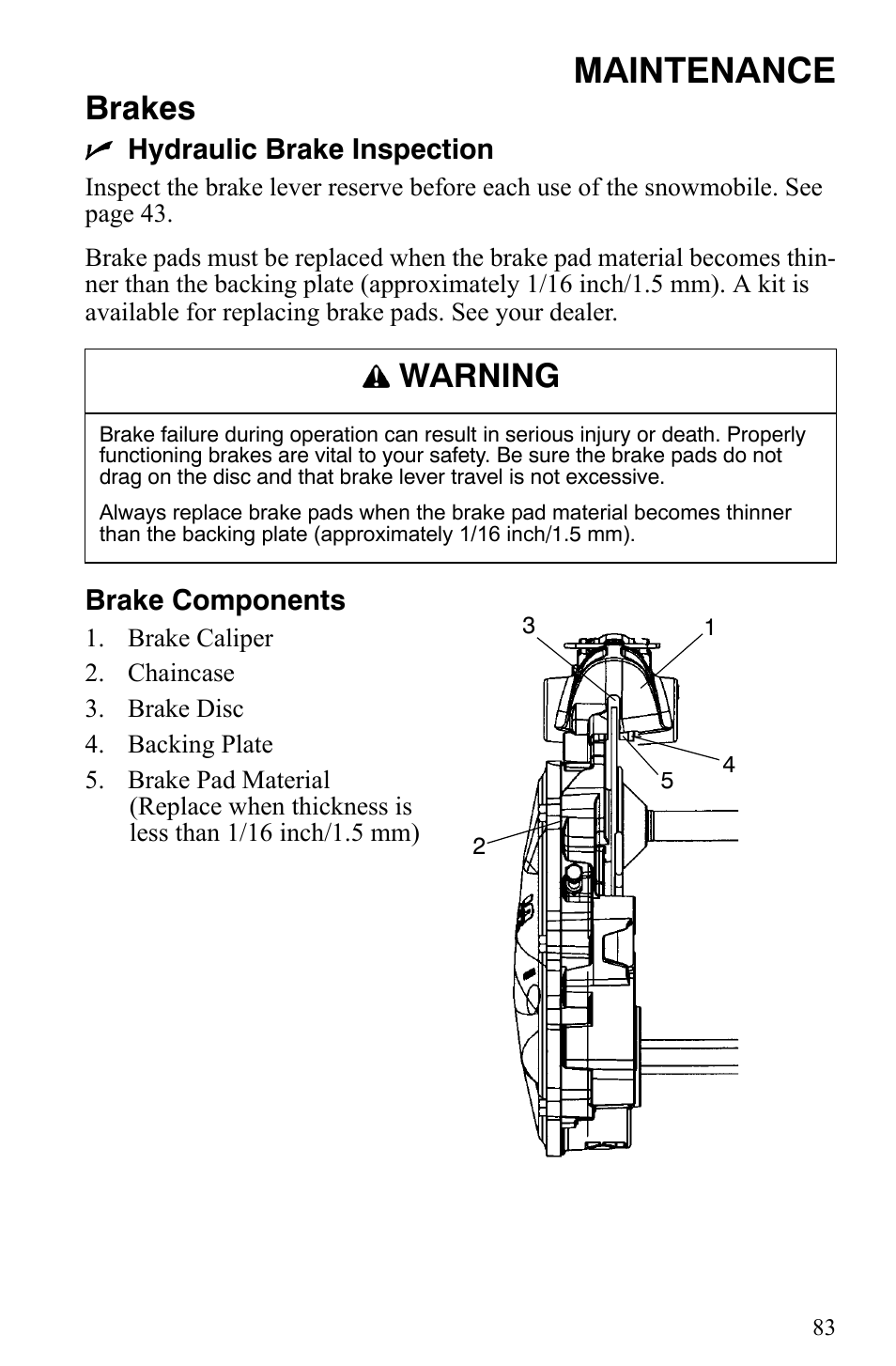 Maintenance, Brakes, Warning | Polaris Trail RMK User Manual | Page 86 / 134