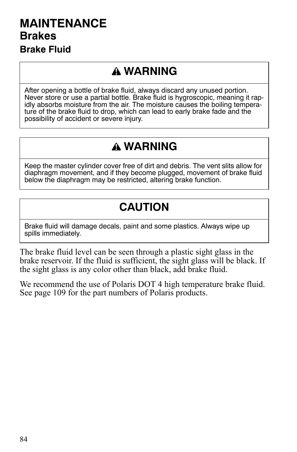 Maintenance, Brakes, Warning | Caution | Polaris Trail RMK User Manual | Page 87 / 134