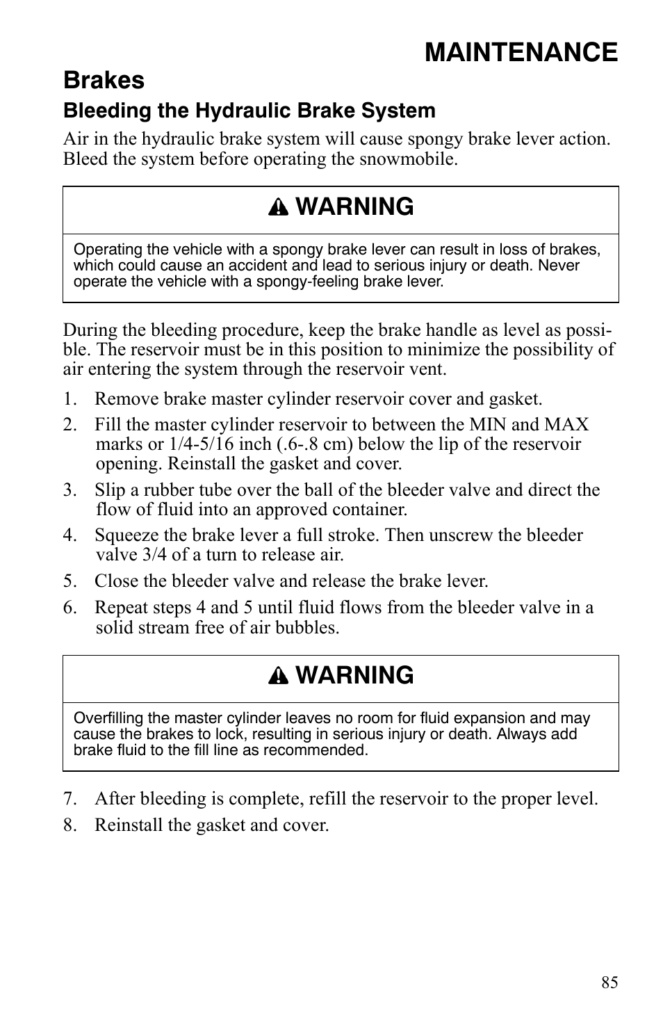 Maintenance, Brakes, Warning | Polaris Trail RMK User Manual | Page 88 / 134