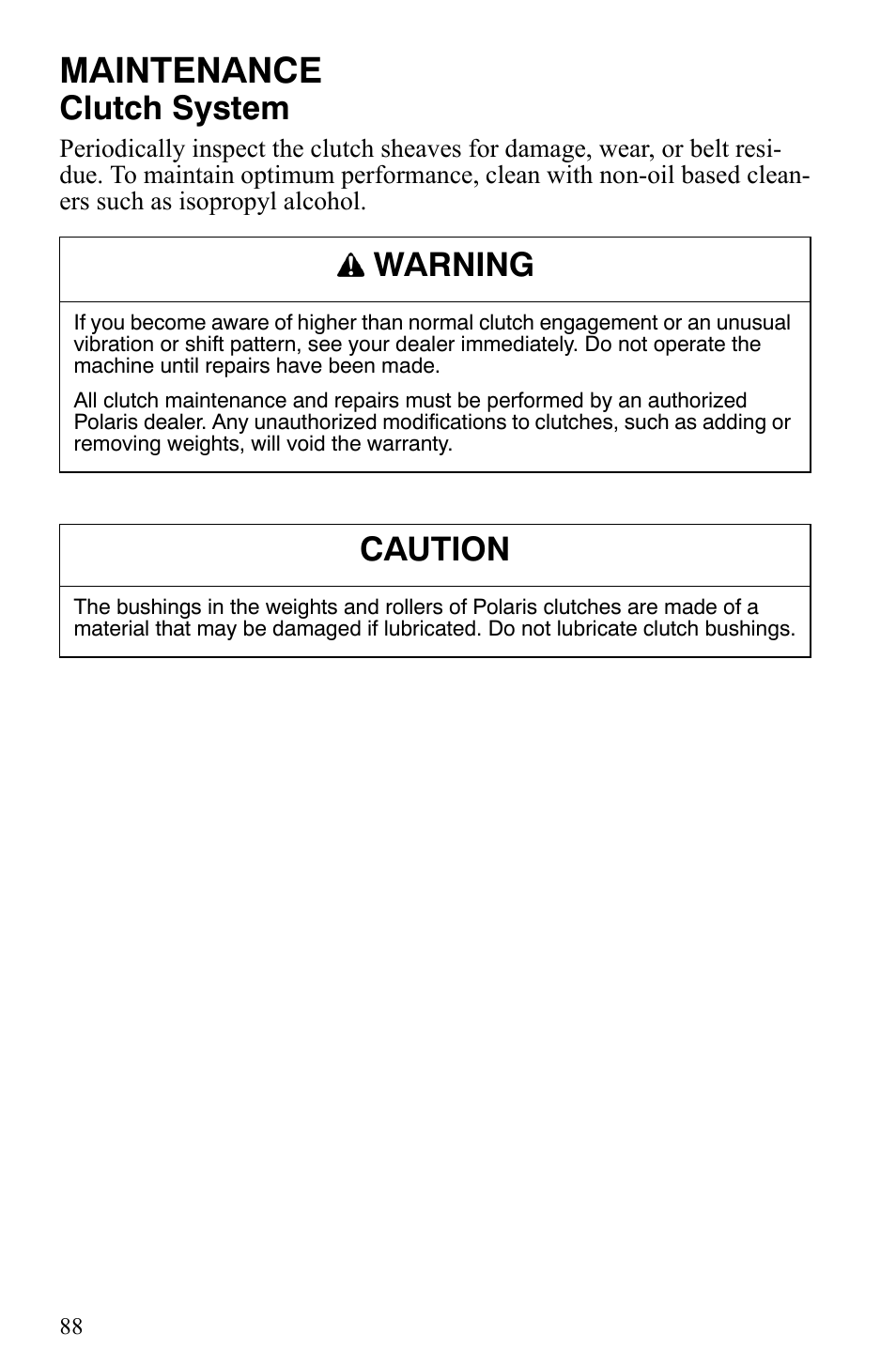 Maintenance, Clutch system, Warning | Caution | Polaris Trail RMK User Manual | Page 91 / 134