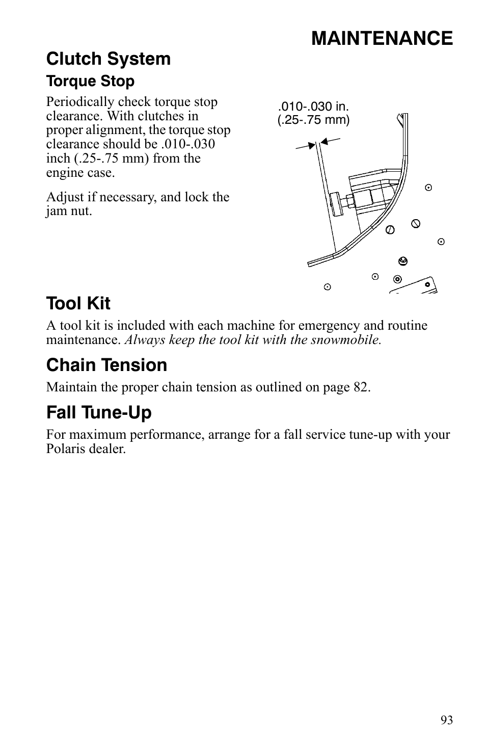 Maintenance, Clutch system, Tool kit | Chain tension, Fall tune-up | Polaris Trail RMK User Manual | Page 96 / 134