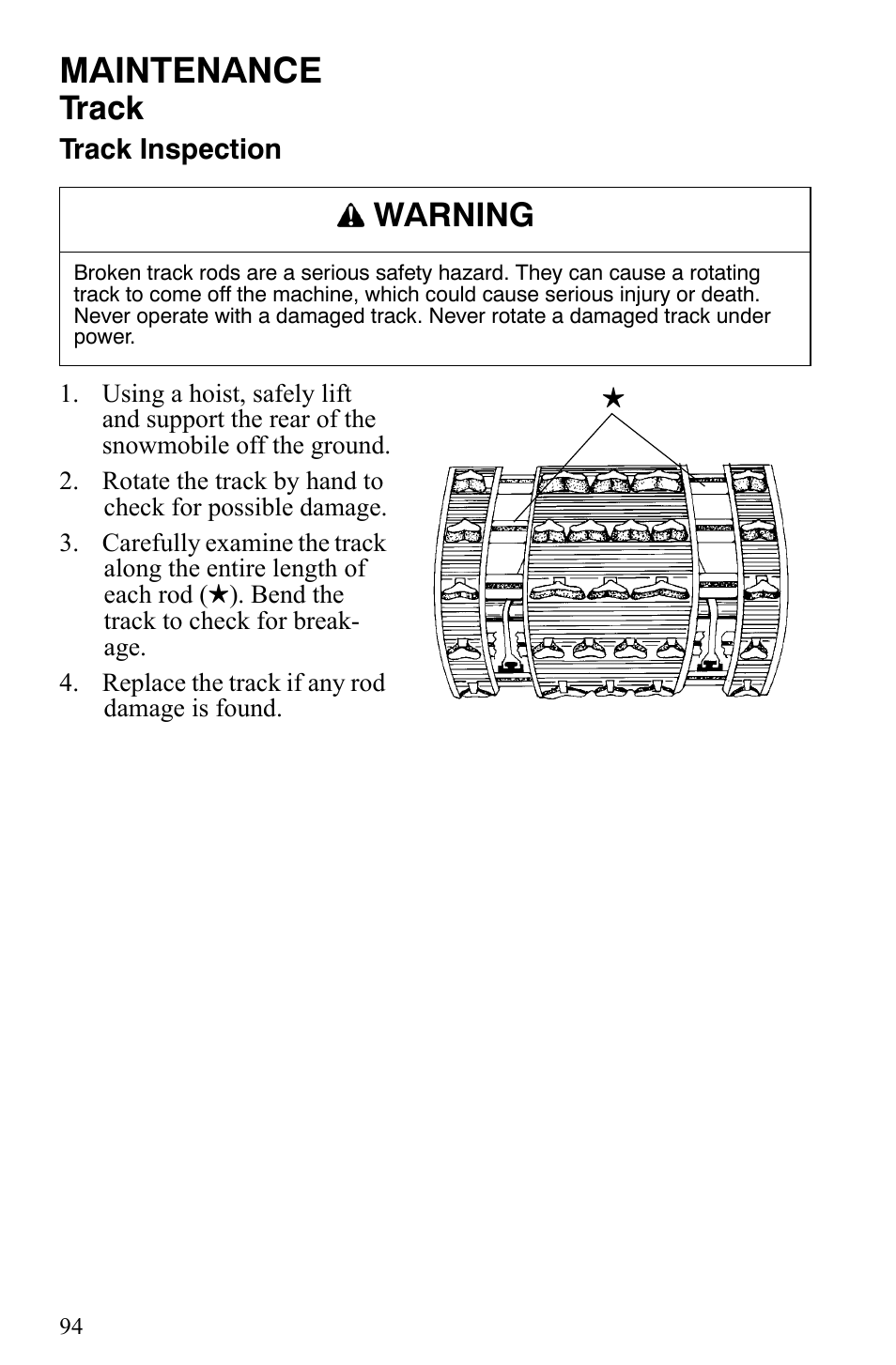 Maintenance, Track, Warning | Polaris Trail RMK User Manual | Page 97 / 134