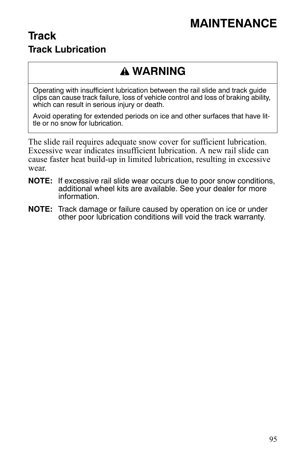 Maintenance, Track, Warning | Polaris Trail RMK User Manual | Page 98 / 134