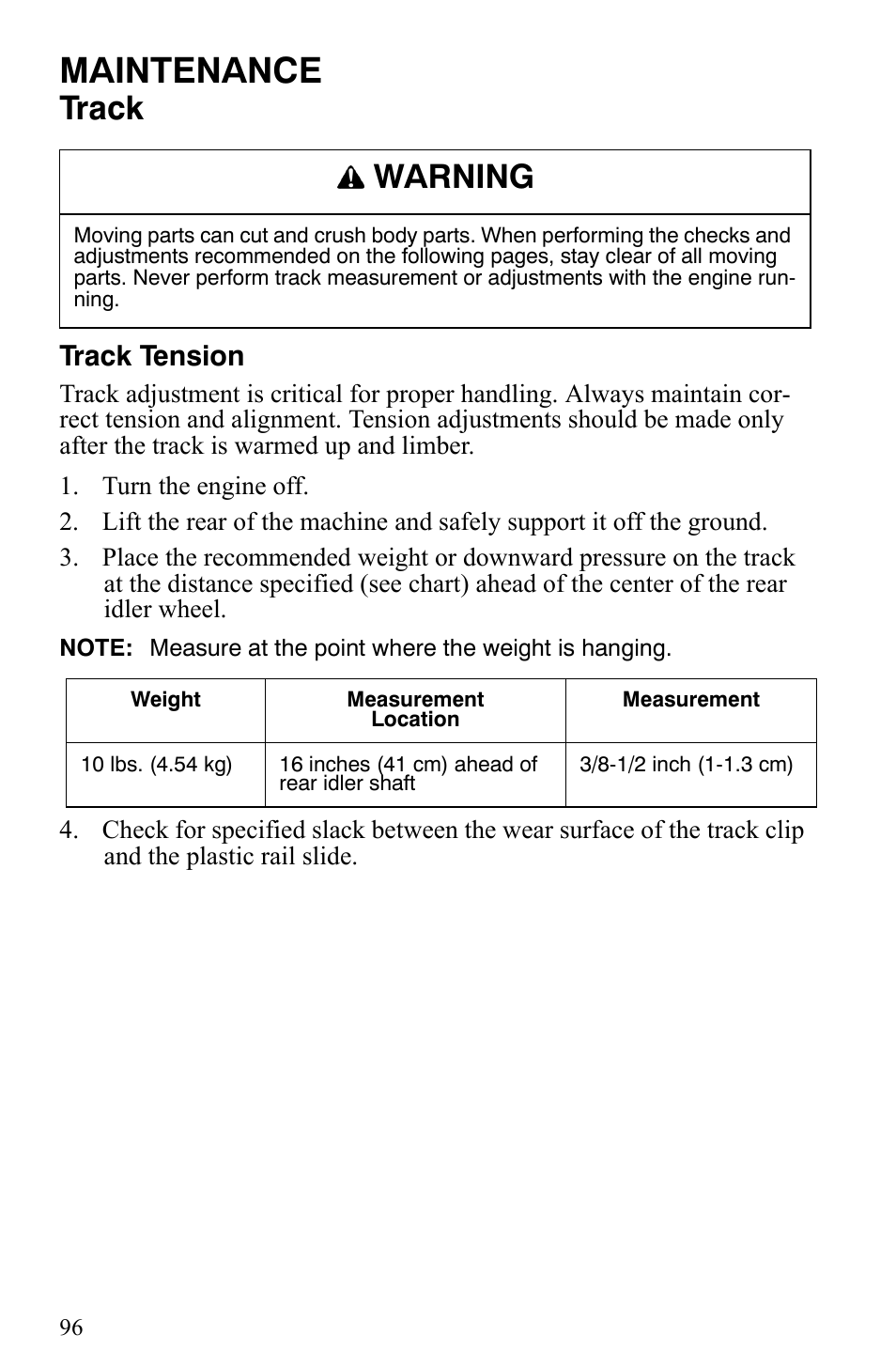 Maintenance, Track, Warning | Track tension | Polaris Trail RMK User Manual | Page 99 / 134