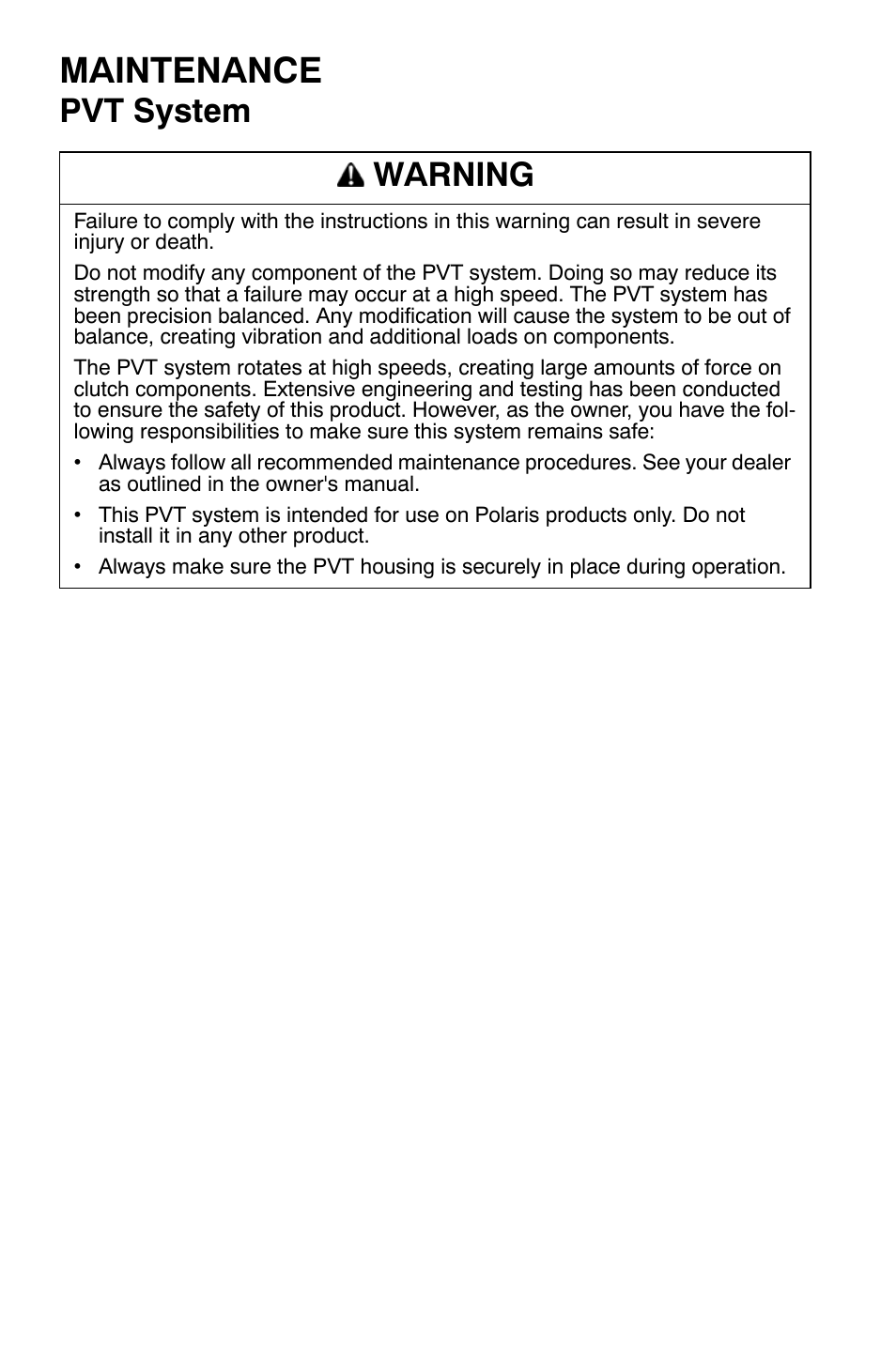 Maintenance, Pvt system warning | Polaris Sportsman 9921335 User Manual | Page 100 / 133