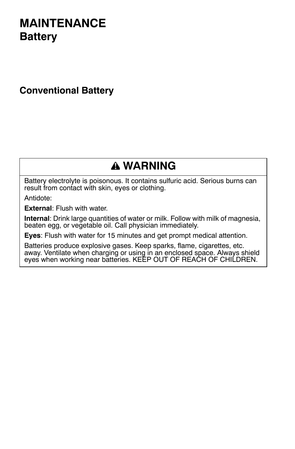 Maintenance, Battery, Warning | Polaris Sportsman 9921335 User Manual | Page 102 / 133