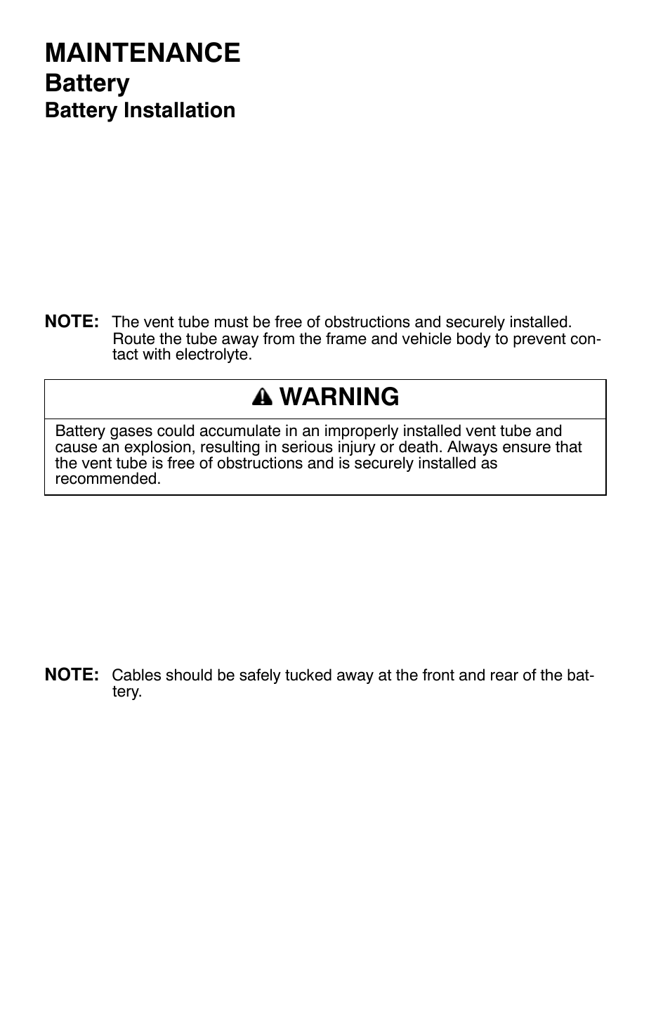 Maintenance, Battery, Warning | Battery installation | Polaris Sportsman 9921335 User Manual | Page 104 / 133