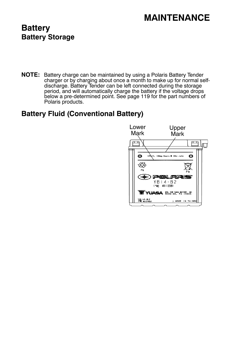 Maintenance, Battery, Battery storage | Battery fluid (conventional battery) | Polaris Sportsman 9921335 User Manual | Page 105 / 133