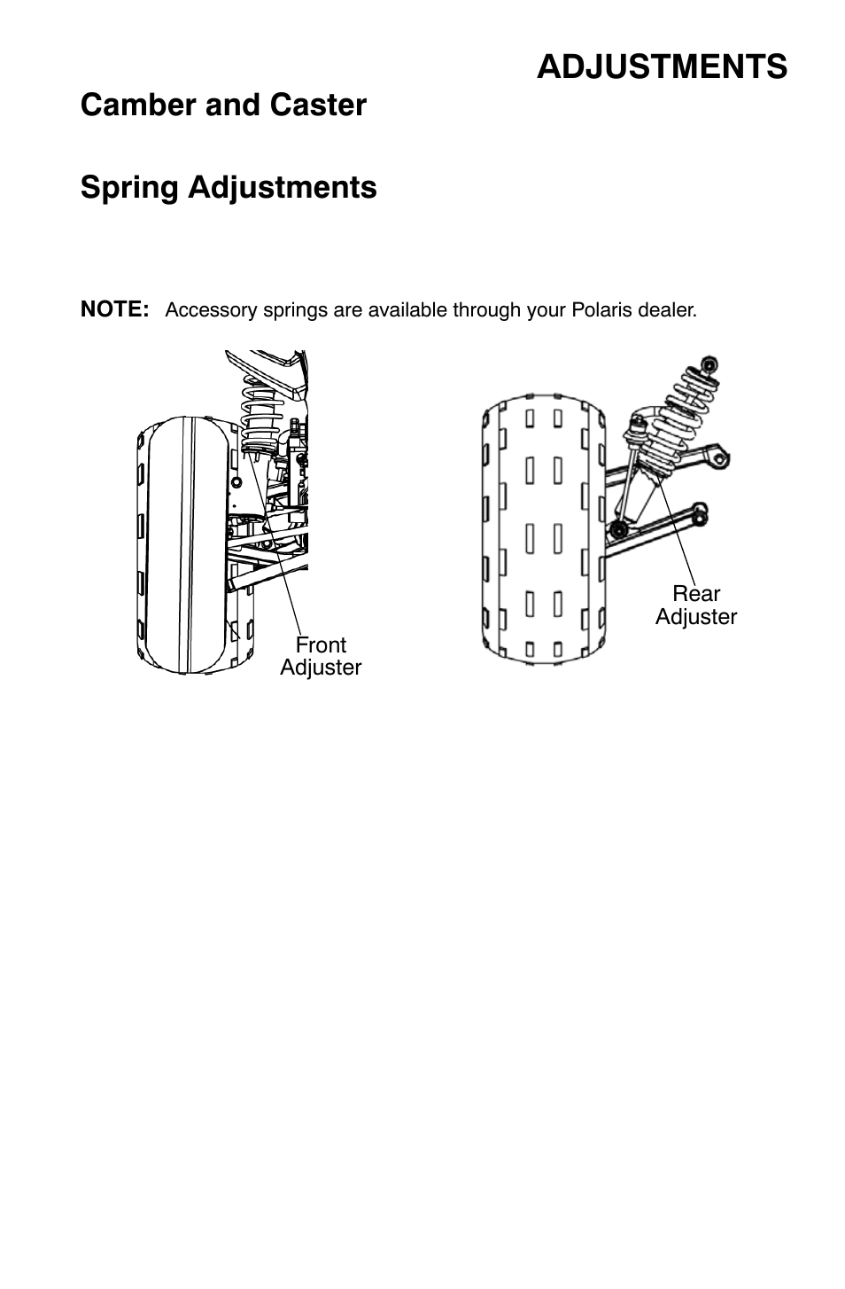Adjustments, Camber and caster, Spring adjustments | Polaris Sportsman 9921335 User Manual | Page 115 / 133
