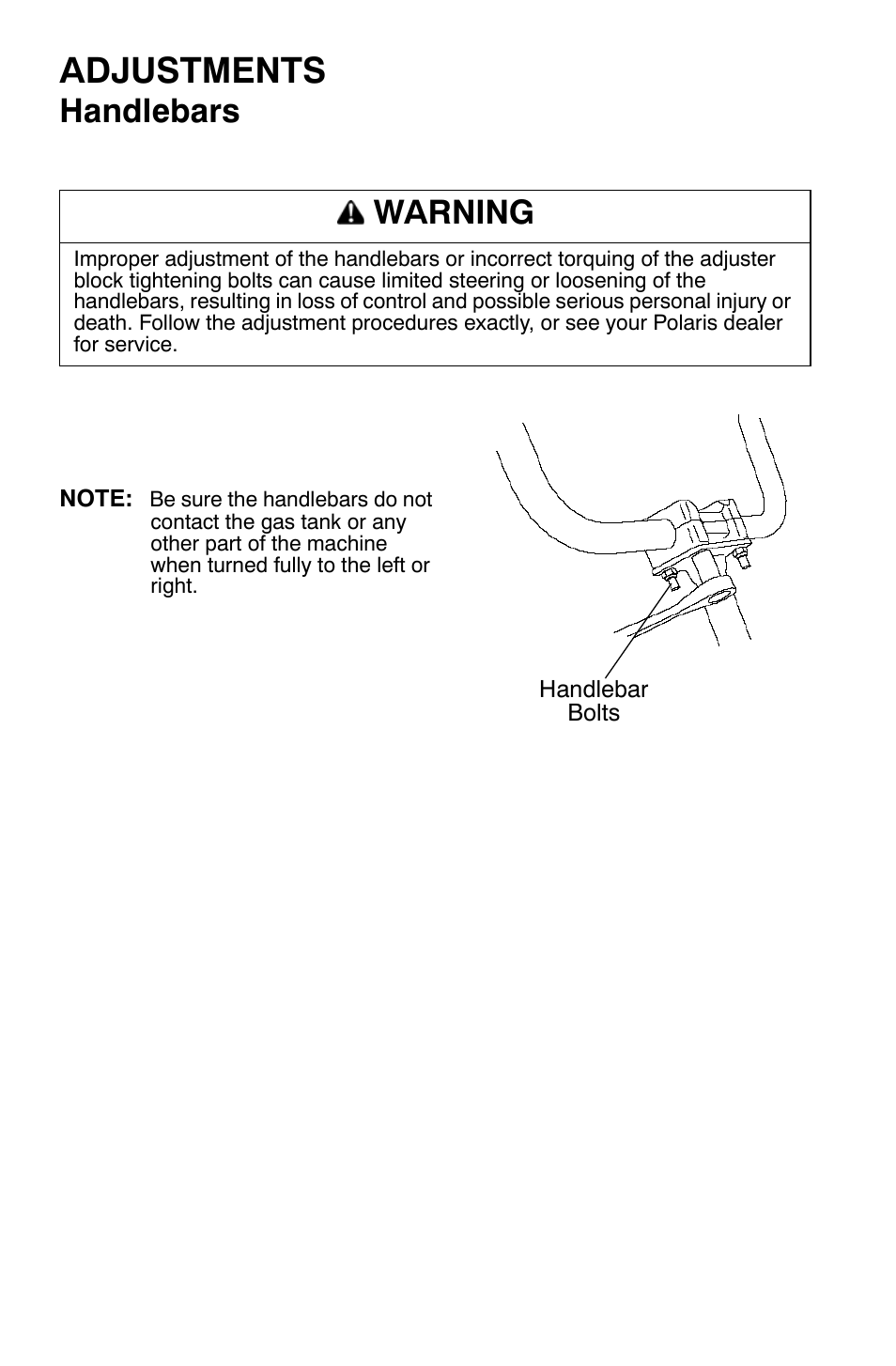 Adjustments, Handlebars, Warning | Polaris Sportsman 9921335 User Manual | Page 116 / 133