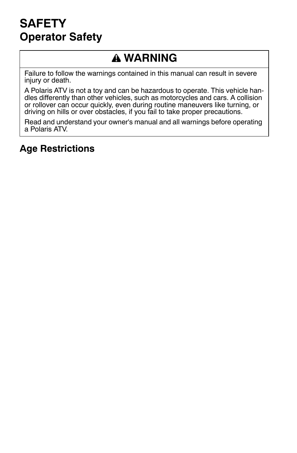 Safety, Operator safety, Warning | Polaris Sportsman 9921335 User Manual | Page 12 / 133