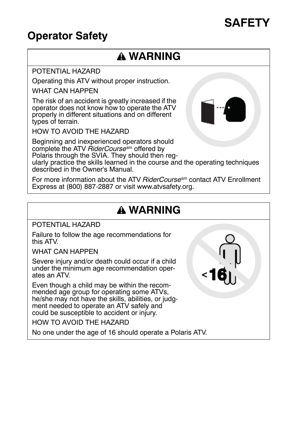 Safety, Operator safety warning, Warning | Polaris Sportsman 9921335 User Manual | Page 19 / 133